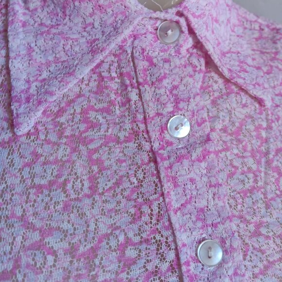 Small Vintage 1960's Pink Top True Mod Bodysuit Long Sleeve Lace Sheer Blouse - Picture 4 of 9
